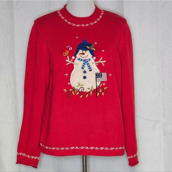 Christopher & Banks Red Snowman American Flag Pullover Knit Christmas Sweater - Picture 1 of 10
